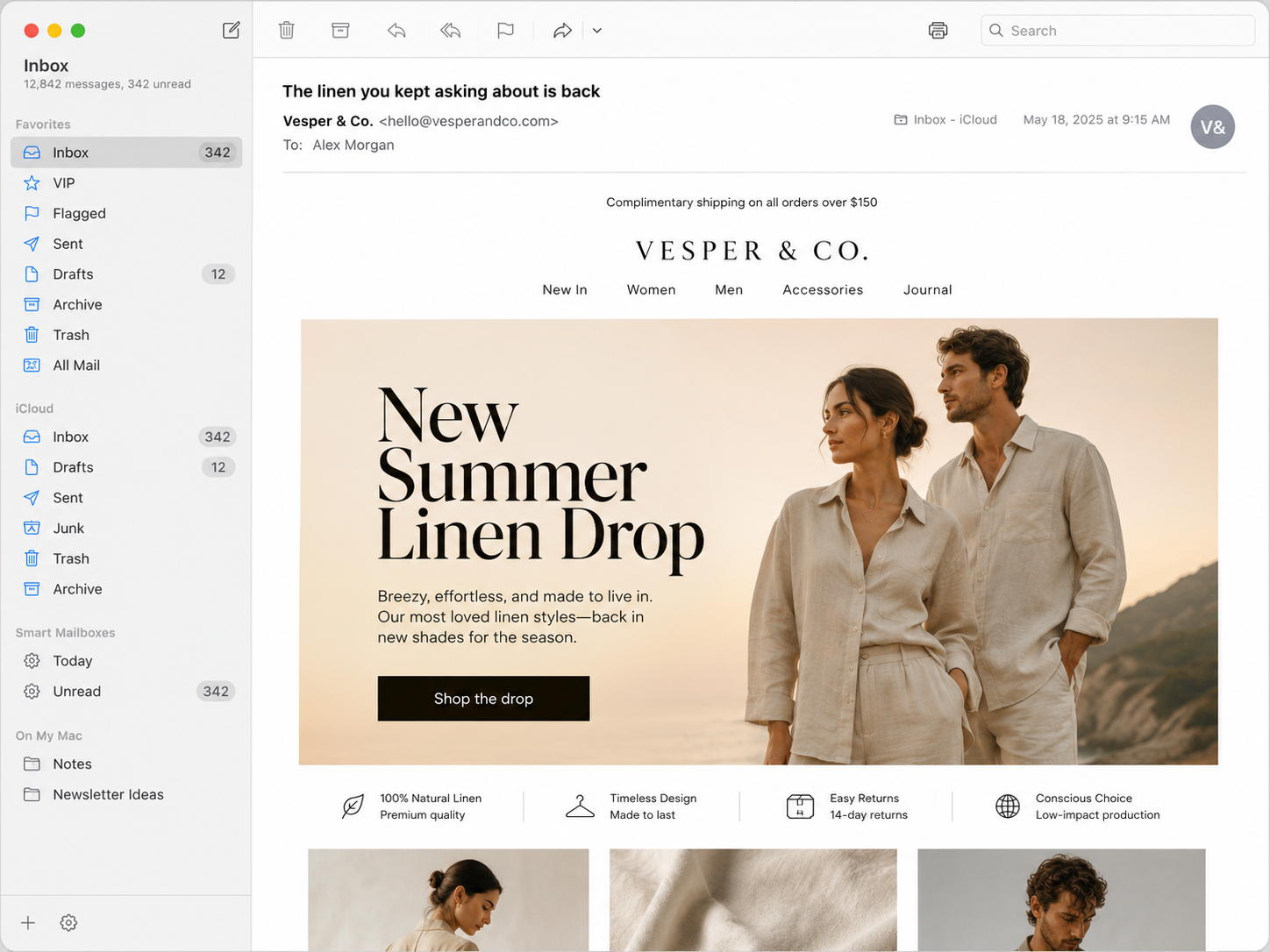 Email campaign mockup — New Summer Linen Drop