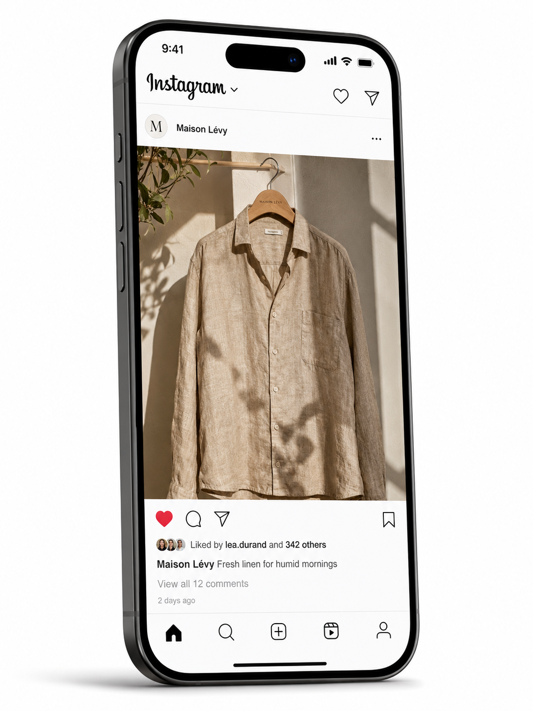 Feed post mockup — Maison Lévy linen shirt