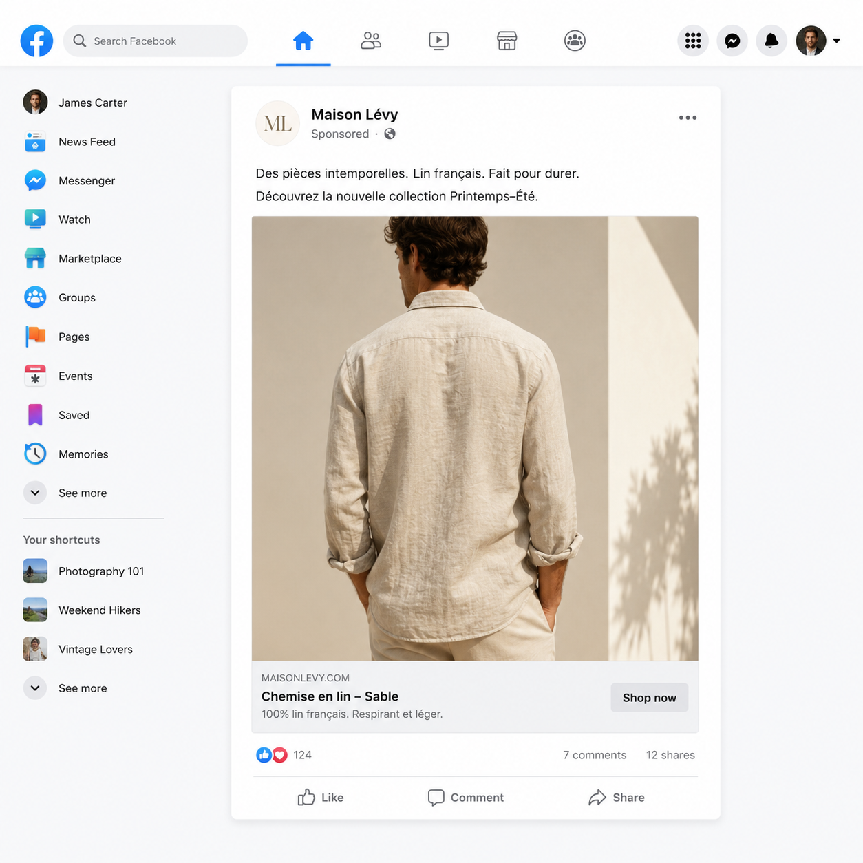 Paid ad mockup — Maison Lévy linen shirt model back view