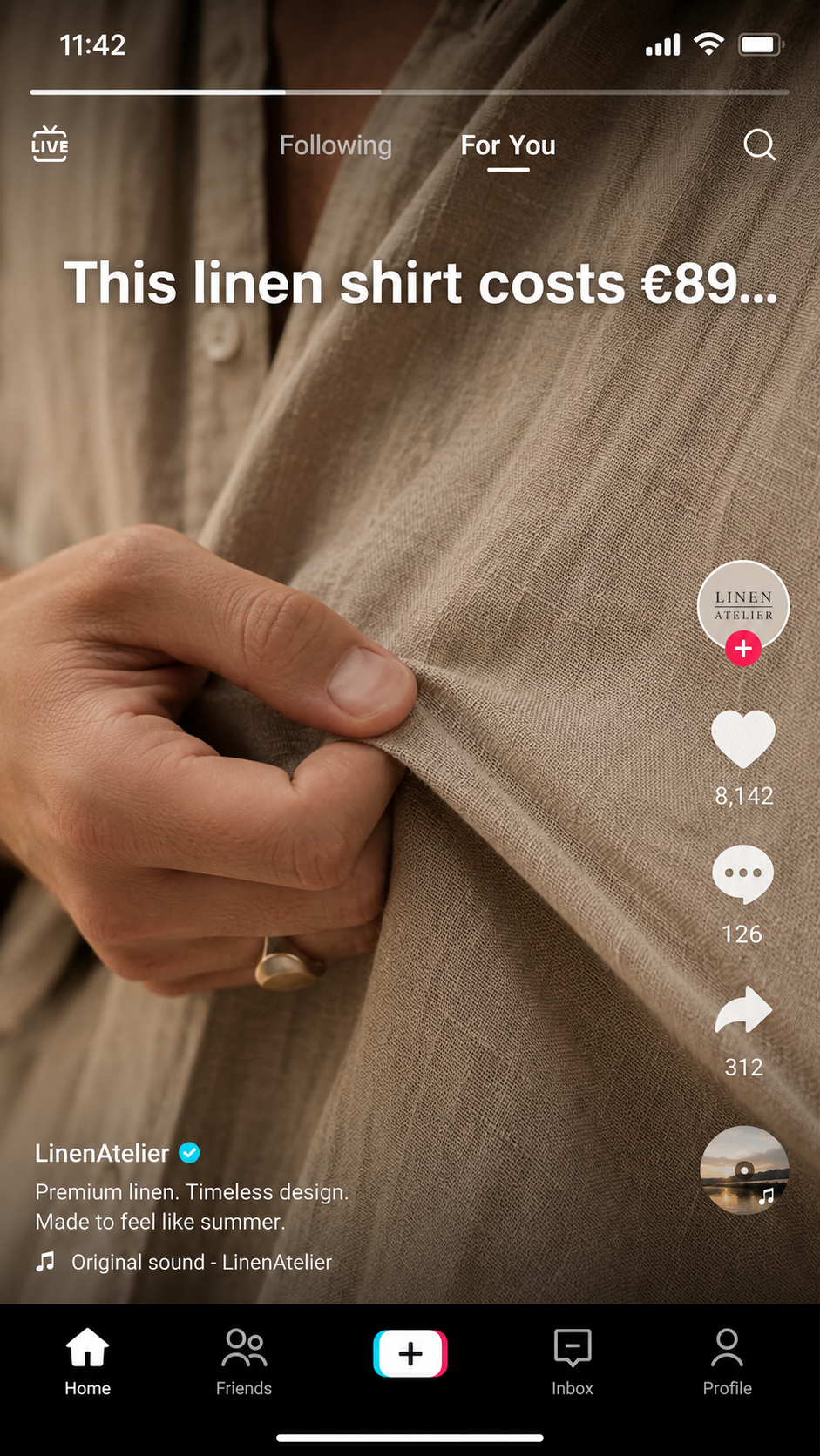 Short-form video mockup — hand touching linen shirt with hook